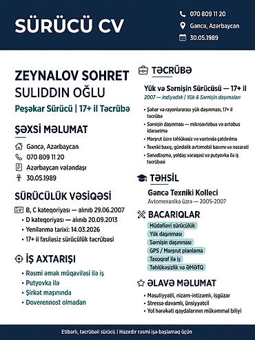 Yük maşını sürücüləri: Yük maşını sürücüsü, 34 yaş, stajı 17 il, (C) — 1