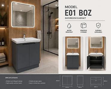 Hamam dolabları: Vanna otağı üçün dolab – Model E01 (AG/BOZ/KREM) və D01 AG Məhsul — 2