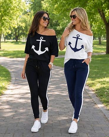 pull i bear: Komplet pamuk sa elastinom – ženski duks + trenerka sa mornarskim — 1