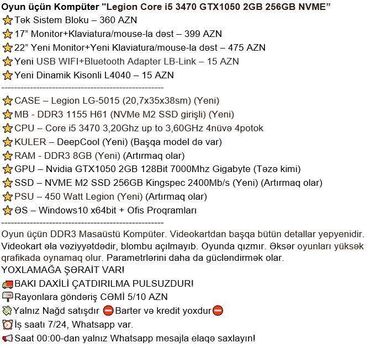 Masaüstü kompüterlər və iş stansiyaları: Oyun üçün Kompüter "Legion Core i5 3470 GTX1050 2GB 256GB NVME” ⭐Tək — 3
