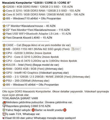 Masaüstü kompüterlər və iş stansiyaları: Masaüstü Kompüterlər “G2030 / CORE i3 / CORE i5” ⭐G2030 / 4GB DDR3 RAM -da lalafo.az — 2 Masaüstü kompüterlər və iş stansiyaları: Masaüstü Kompüterlər “G2030 / CORE i3 / CORE i5” ⭐G2030 / 4GB DDR3 RAM — 2