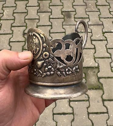podstakan: Antik metal stəkanaltı (podstakannik) - Material: gümüş rəngli metal — 3