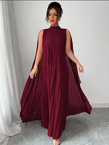 Şəxsi əşyalar: Bordo rəngli, plissé detallı maxi ziyafət donu - Model: qolsuz — 2