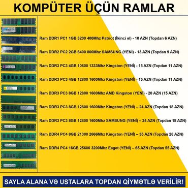 Ana platalar: Kompüter üçün Ramlar (DDR2/DDR3/DDR4) SAYLA ALANA VƏ USTALARA TOPDAN