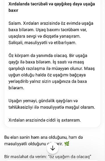 baxçada dayə iş elani: Xırdalanda uşaq baxımı xidməti - Xidmət növü: Dayə/ușaq baxıcısı - — 2