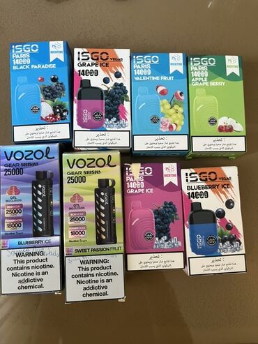 Qəlyan, vayp və aksesuarları: Müxtəlif dadlarda mövcud olan ISGO Paris 14000 birdəfəlik vape. Hər