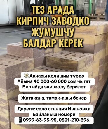 кирпичный завод кемин: Талап кылынат Өндүрүшкө кара жумушчу, Төлөм Бир айда эки жолу, Тажрыйбасыз