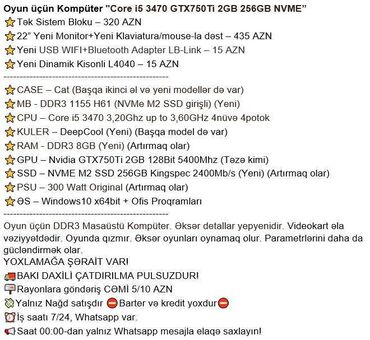 Masaüstü kompüterlər və iş stansiyaları: Oyun üçün Kompüter "Core i5 3470 GTX750Ti 2GB 256GB NVME” ⭐Tək Sistem -da lalafo.az — 2 Masaüstü kompüterlər və iş stansiyaları: Oyun üçün Kompüter "Core i5 3470 GTX750Ti 2GB 256GB NVME” ⭐Tək Sistem — 2
