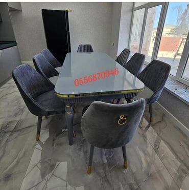 Masa və oturacaq dəstləri: Qonaq otağı üçün, Yeni, Açılan, Dördbucaq masa, 6 stul — 6