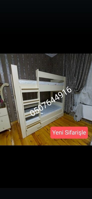 İkimərtəbəli uşaq çarpayıları: Oğlan və qız üçün, Yeni, Çarpayı, Matras ilə, Siyirməli, Laminat — 19