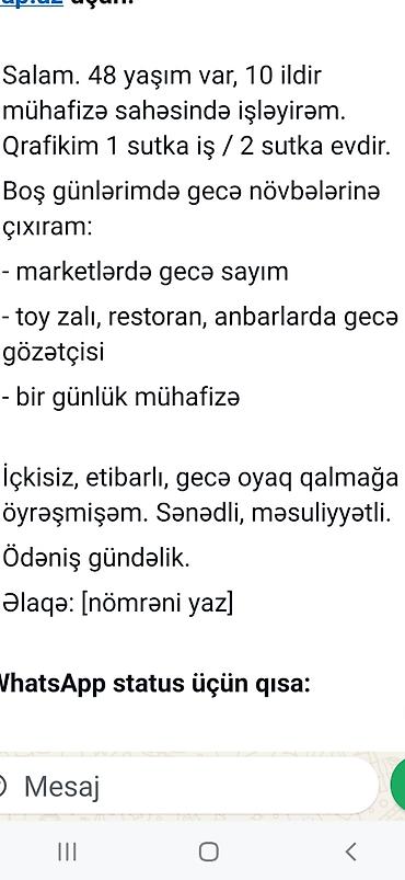 Охрана, безопасность: Xidmət: Gecə növbəsi üzrə mühafizə və sayım işləri Təcrübə: 10 il — 1