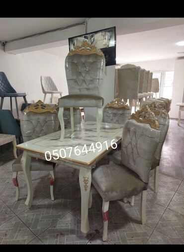 Masa və oturacaq dəstləri: Qonaq otağı üçün, Yeni, Açılmayan, Dördbucaq masa, 6 stul — 6