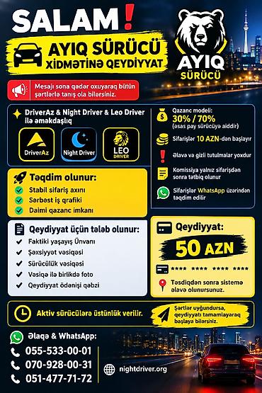 Ayıq sürücülər: Ayiq Sürücü Xidmətinə Qeydiyyat DriverAz, Night Driver və Leo Driver — 1