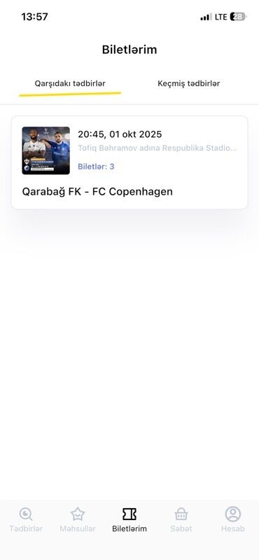Çadırlar: Məhsul: Futbol matçına elektron biletlər Tədbir: Qarabağ FK – FC