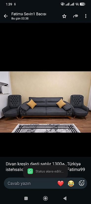 Divan kreslo dəsti satılır 1300₼. Türkiyə istehsalıdır. Ünvan Bayıl