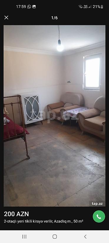 Аренда квартир: Kirayə verilir: 2 otaqlı mənzil, Azadlıq metrosu yaxınlığı, 50 m² - — 1