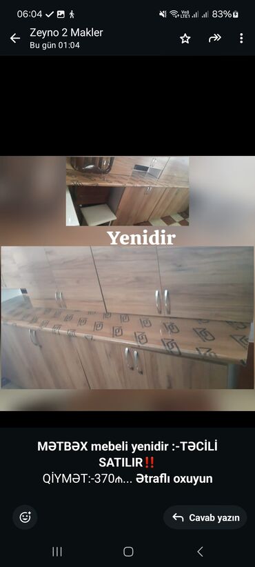 mebel dəsti: *MƏTBƏX mebeli yenidir :-TƏCİLİ SATILIR*‼️ QİYMƏT:-370₼ ÖLÇÜ:-3