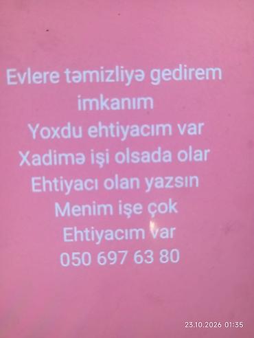 malyar isləri: Xidmət: Ev təmizliyi və xadimə işi Təsvir:orta - Mənzillərin — 1