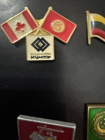 Значки, ордена и медали: Комплект значков: 1. Герб РУ; 2. Канада + Кыргызстан - Кумтор. 3. Флаг — 12