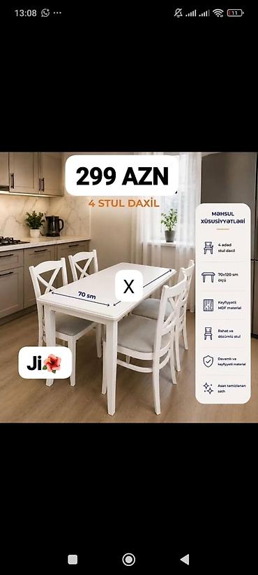 mdf panel: Ağ rəngli yemək masası dəsti – 4 ədəd stul daxil. Xüsusiyyətlər: - — 1
