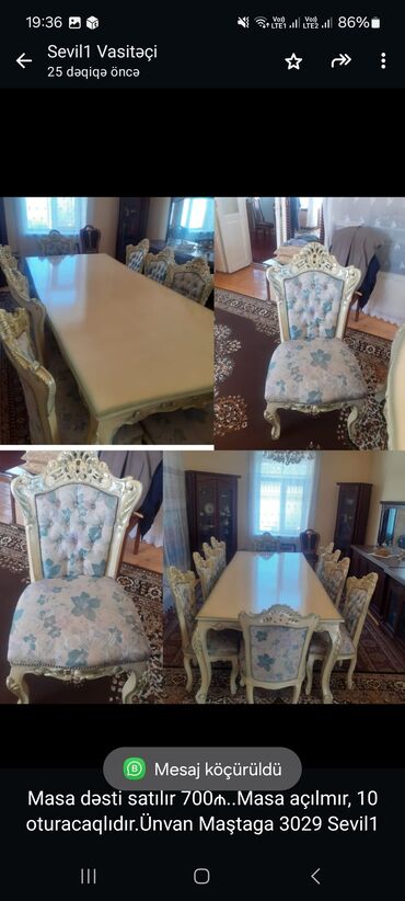 Salon masaları: Masa dəsti satılır 700₼. Masa açılmır, 10 oturacaqlıdır.Ünvan Maştaga