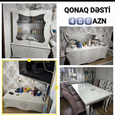 qonağ desti: Masa+6 ədəd stul,əla vəziyyetde. Qorka+kamot+tv stend. Tv stendin arxa