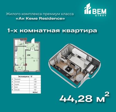 ак ордо продажа дом: 1 бөлмө, 44 кв. м, Элитка, 13 кабат, ПСО (өзү оңдоп түзөтүп бүтүү үчүн)