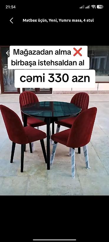 şuşe masa: Mətbəx üçün, Yeni, Açılmayan, Yumru masa, 4 stul — 1