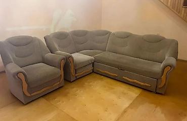 Künc divan və iki kreslo dəsti - Rəng: boz - Komplekt: L formalı künc