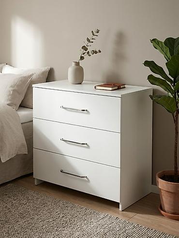 paneli: Ağ rəngli 3 çekmecəli komod Minimalist dizayn, düz səth və metal — 1