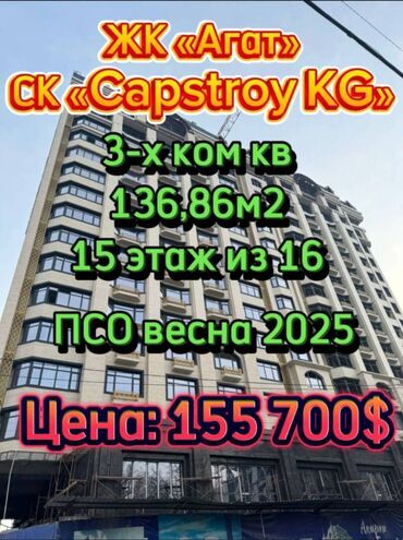 Продажа квартир: 3 комнаты, 137 м², Элитка, 15 этаж, ПСО (под самоотделку)