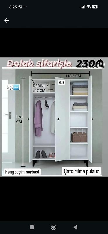 3 qapılı paltar dolabı. Ölçüləri: - Hündürlük: 178 sm - En: 118.5 sm