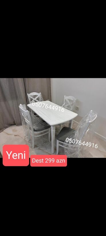 Masa və oturacaq dəstləri: Mətbəx üçün, Yeni, Açılmayan, Dördbucaq masa, 4 stul — 5