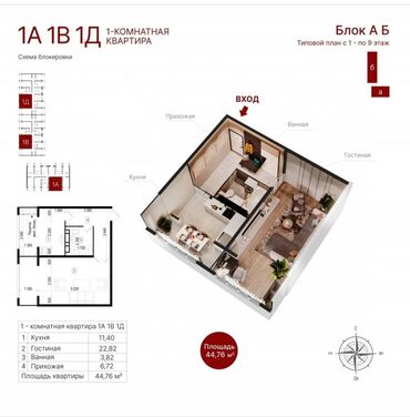 Продажа квартир: 1 комната, 44 м², 105 серия, 7 этаж, ПСО (под самоотделку)