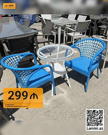 Ev və bağ: Bağ mebeli dəsti – 2 ədəd mavi rəngli rahat kreslo + şüşə səthli — 1