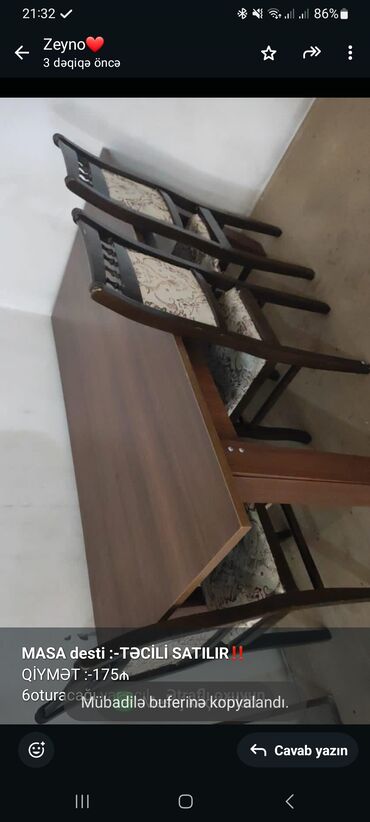 mehdiabadda satilan heyet evleri: *MASA desti :-TƏCİLİ SATILIR‼️* QİYMƏT :-175₼ 6oturacağı var açılmır