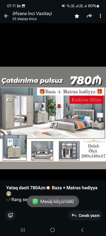 qardirob mebel: *Yataq dəsti 780Azn💥 Baza + Matras hədiyyə🤩* ✔️Rəng seçimi var *Şəhər