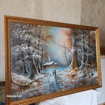 Şəkillər, tablolar: Meşə fonunda çay kənarında yerləşən kənd evinin təsvir olunduğu rəsm — 19