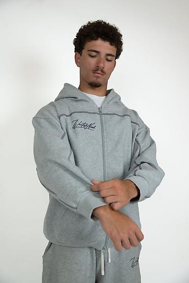 mexmer parca: Unisex boz rəngli zipli huddi - Rəng: açıq boz (melanj) - Dizayn — 4