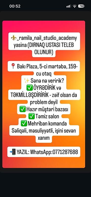 bag evlerinde is: Dırnaq ustası tələb olunur, Fiks edilmiş ödəniş, Təcrübəsiz, Təlim — 1