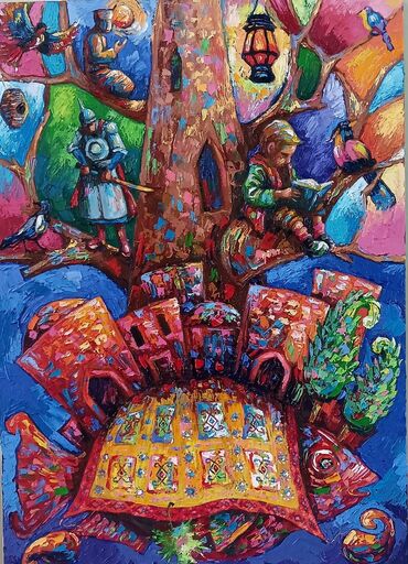 Kitablar və jurnallar: " Mənim şəhərim " Ölçü: 50 ×70 Material: kətan və yağlı boya Qiymət