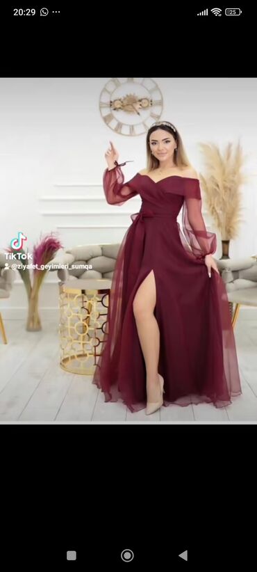 nişan donu: Ziyafət donu – bordo rəngdə, uzun və uçuşqan şifon qatlı model. -