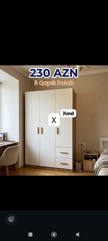 3 qapılı paltar dolabı – 230 AZN - Dizayn: ağ ön fasad, ağac