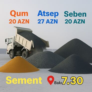 Müxtəlif tikinti materialları, o cümlədən qum, atsep, şeben və sement