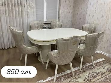 Yemək otağı dəsti – 6 stul + oval masa - Masa: ağ, parlaq səthli oval