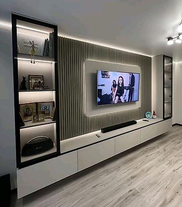 televizor dekoru alcipan: Müasir TV divar paneli və media konsolu dizaynı - Dizayn: Minimal və — 8