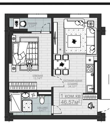 недостроенные дома в бишкеке: 1 комната, 47 м², Элитка, 9 этаж, ПСО (под самоотделку)
