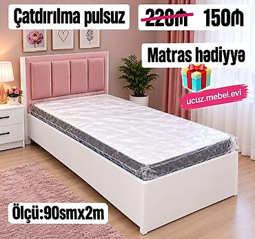 Tək nəfərlik çarpayı – ölçü: 90 sm x 2 m. Ağ rəngli korpus, yumşaq