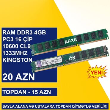 Videokartlar: Operativ yaddaş (RAM) Kingston, 4 GB, 1333 Mhz, DDR3, PC üçün, Yeni