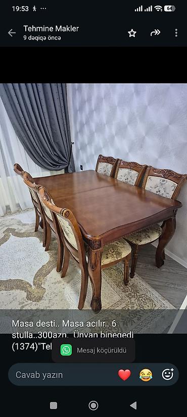 Masa desti. Masa acılır. 6 stulla. 300azn. Ünvan bineqedi
